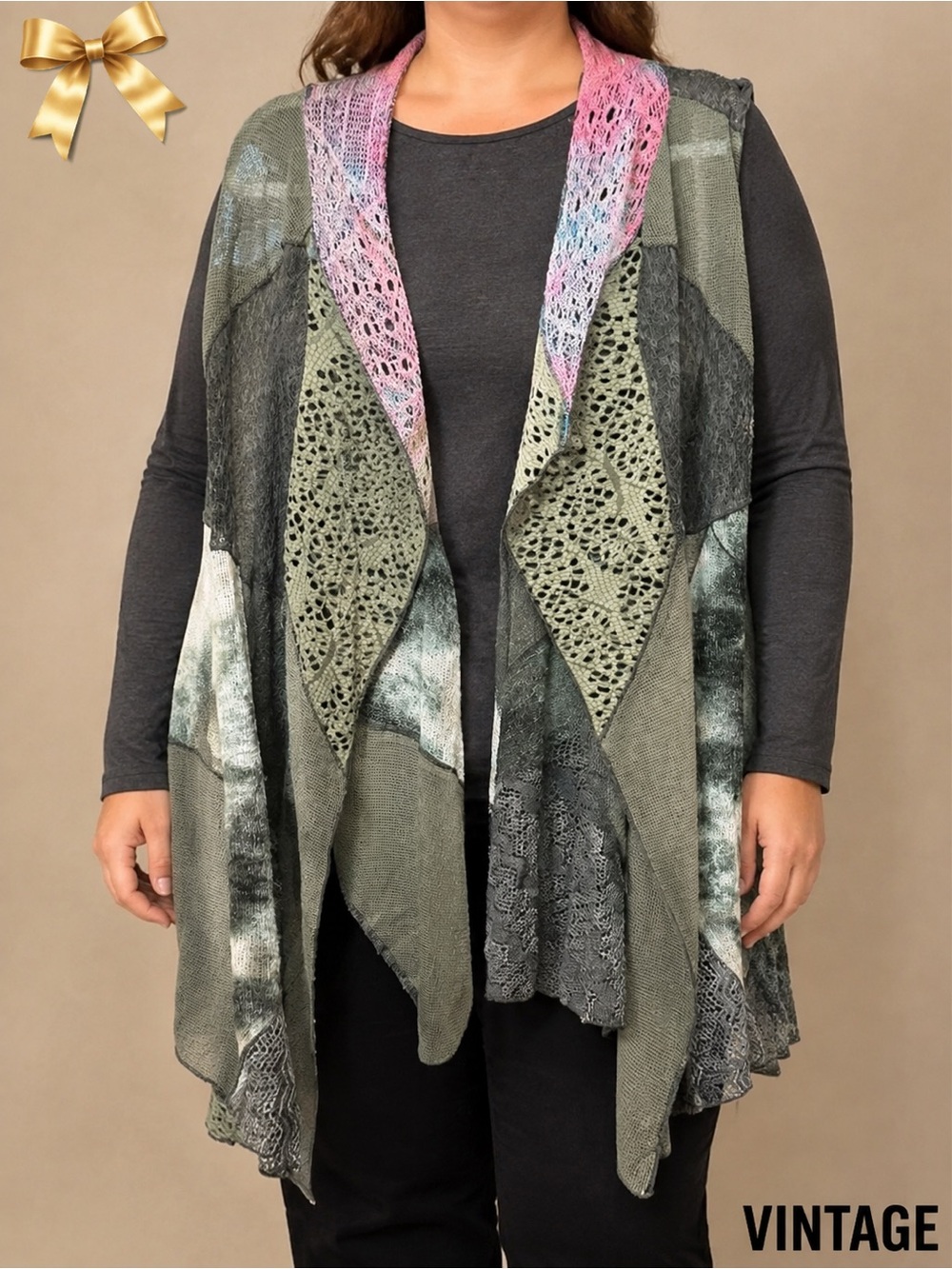 Vintage Mixed Media Patchwork Lagenlook Draped Vest Olive XL